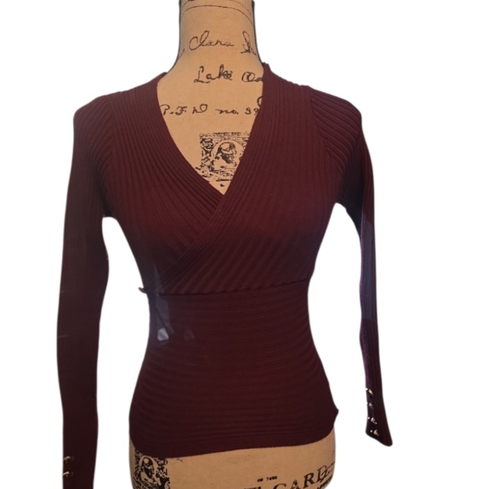 Burgundy Ribbed Wrap Sweater - Picture 4 of 5